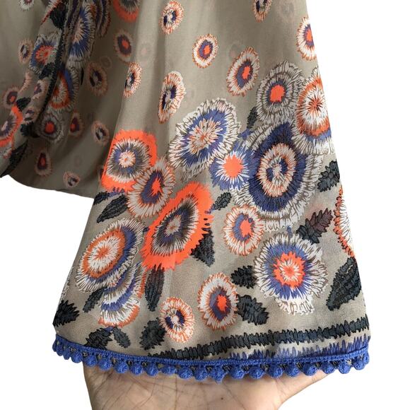Moon Collection Blouse Sz S Tan Sheer Embroidered Colorful Floral Boho Festival - Picture 2 of 7